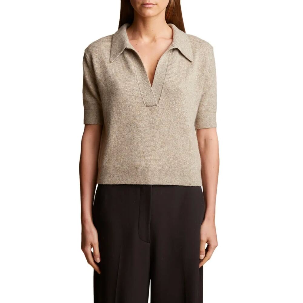 Khaite Shrunken Jo Cashmere Polo Sweater Size S Sepia Beige Tan